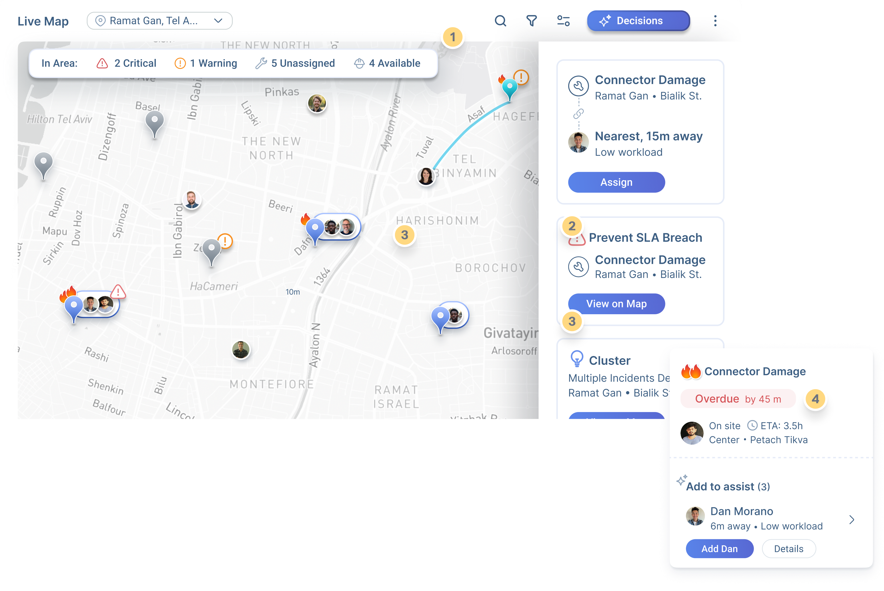 The live map with the agent's proposals, risk flags and clusters shown in place